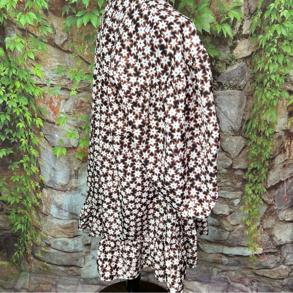 ANTHROPOLOGIE Quiet Luxury Cocoa Star Dot Print Mini Swing Dress, L - Picture 9 of 10